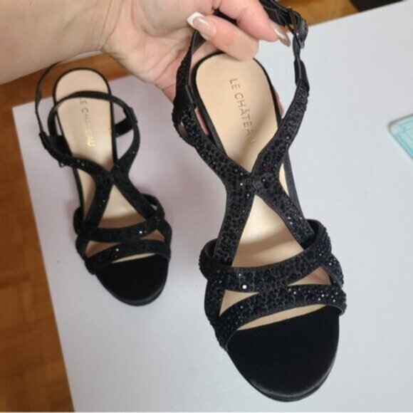 Le Chateau Strappy Black Glitter Sandals Stiletto Heels size 6 - Picture 7 of 11